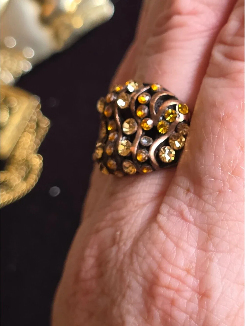 Vintage 1980's Amber Topaz Rhinestone Dome Ring Adjustable